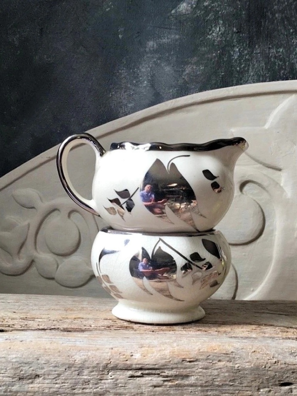 Sandland Ware Vintage Silver Trim Creamer & Sugar Bowl Set